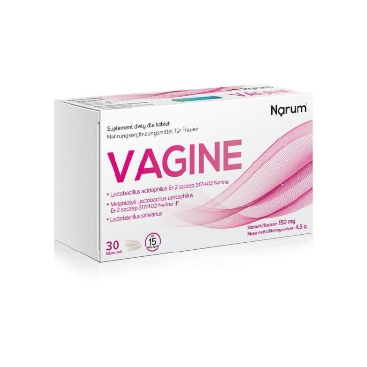 Narum Vagine w formie kapsułek stosowany w celu przywrócenia równowagi mikroflory dróg rodnych.