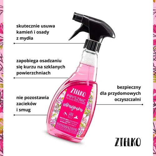 zdjęcie produktu z informacją, że skutecznie usuwa osady z mydła i kamień.