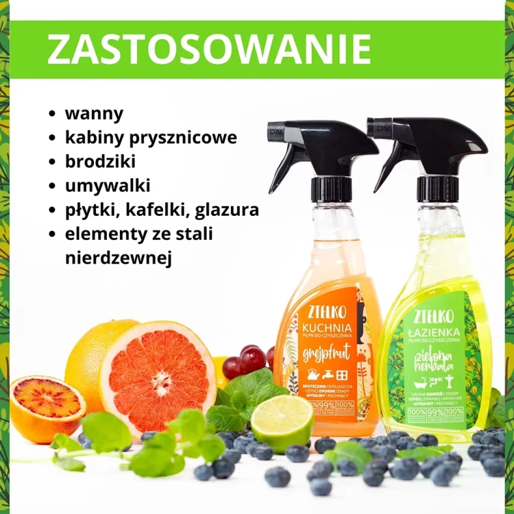 zdjęcie produktu z informacją, że jest on stosowany do mycia wanny, brodzików, kabin prysznicowych, a także umywalek