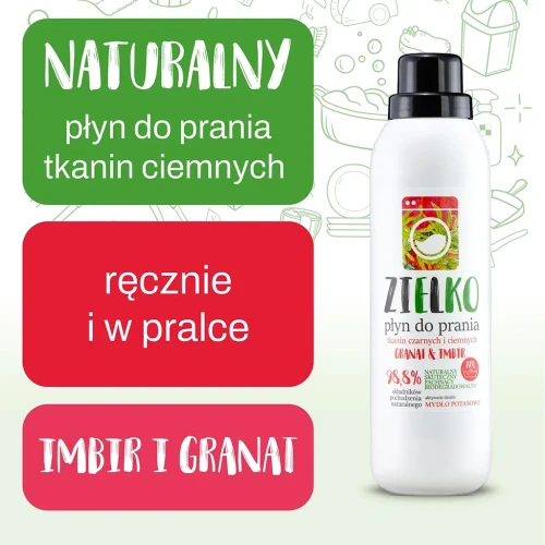 zdjęcie produktu z informacją, że płyn może być stosowany do prania w pralce lub ręcznie, naturalny do tkanin ciemnych i czarnych