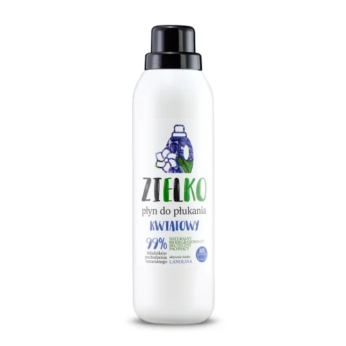 Butelka 1 l z płynem do płukania KWIATOWY Zielko – naturalny, zmiękczający płyn z lanoliną, kwiatowym zapachem i biodegradowalną formułą, idealny do delikatnych tkanin.