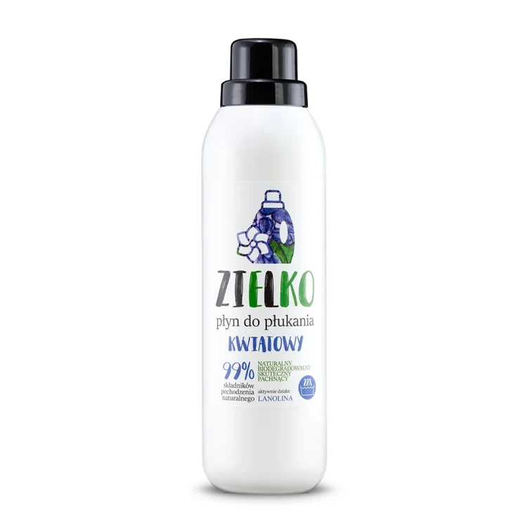 Butelka 1 l z płynem do płukania KWIATOWY Zielko – naturalny, zmiękczający płyn z lanoliną, kwiatowym zapachem i biodegradowalną formułą, idealny do delikatnych tkanin.