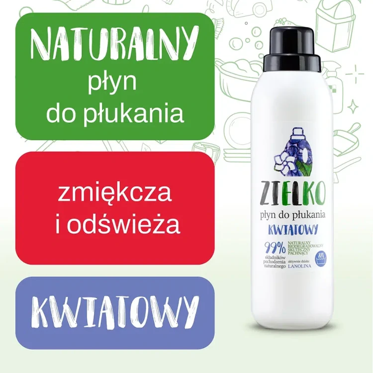 zdjęcie produktu z informacją, ze płyn zmiękcza i odświeża, zapach kwiatowy.