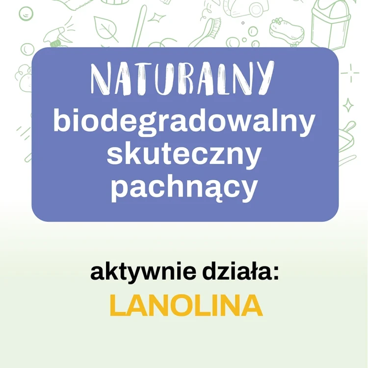zdjęcie etykiety z informacją, że lanolina działa aktywnie, produkt naturalny, biodegradowalny, skuteczny, pachnący.