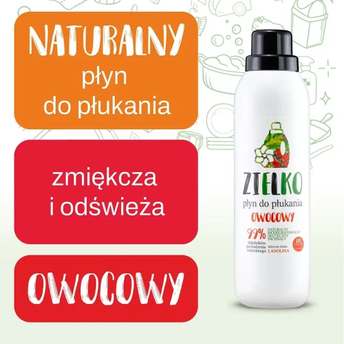 zdjęcie produktu z informacją, ze płyn zmiękcza i odświeża, zapach owocowy.