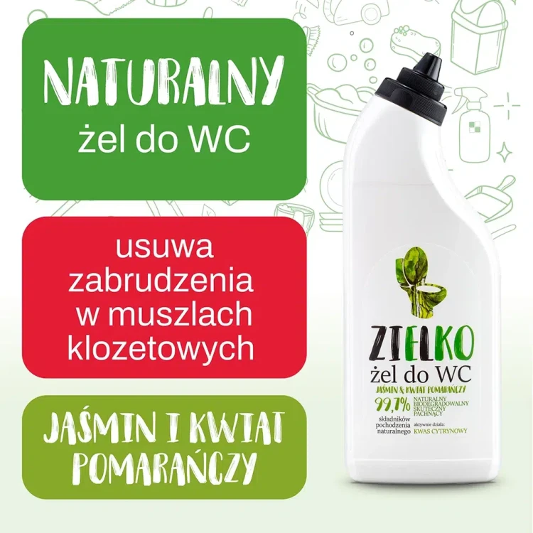 zdjęcie produktu z informacją, że żel usuwa zabrudzenia w muszlach klozetowych zapach jaśmin i kwiat pomarańczy