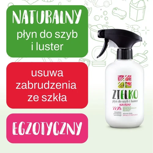 zdjęcie produktu z informacją, ze płyn usuwa zabrudzenia ze szkła