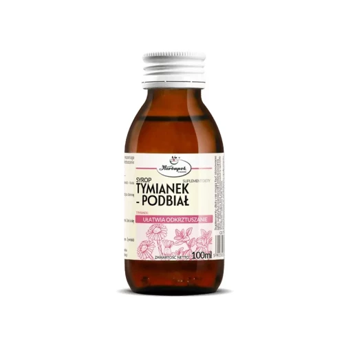 Szklana butelka z ciemnego szkła syropu Tymianek-Podbiał 100 ml Herbapol – ziołowy suplement diety wspomagający naturalne funkcje dróg oddechowych.