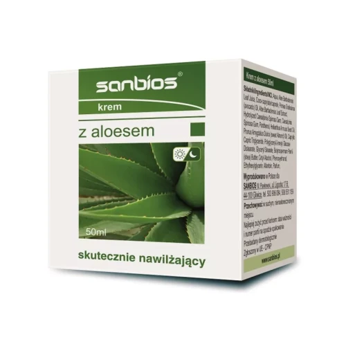 Opakowanie kremu z aloesem Sanbios 50 ml – nawilżający krem do twarzy z aloesem, pantenolem i olejami roślinnymi, do skóry suchej i wrażliwej. Czysty skład.