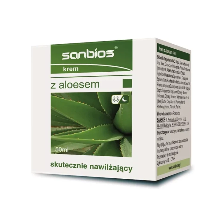 Opakowanie kremu z aloesem Sanbios 50 ml – nawilżający krem do twarzy z aloesem, pantenolem i olejami roślinnymi, do skóry suchej i wrażliwej. Czysty skład.