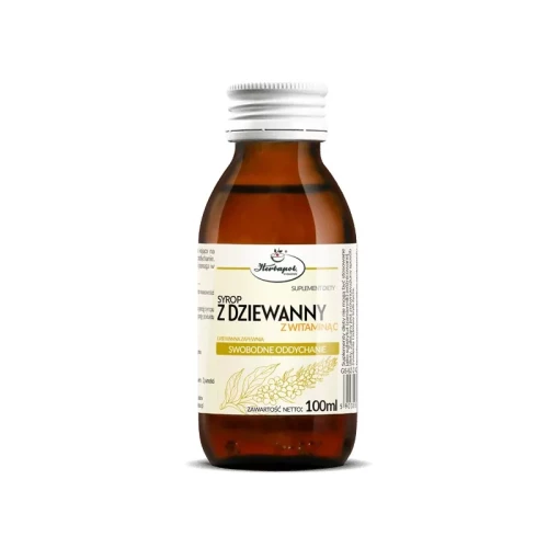 Butelka z ciemnego szkła z syropem z dziewanny Herbapol 100 ml – naturalne wsparcie dla gardła i odporności, zawiera ekstrakt z dziewanny i witaminę C.