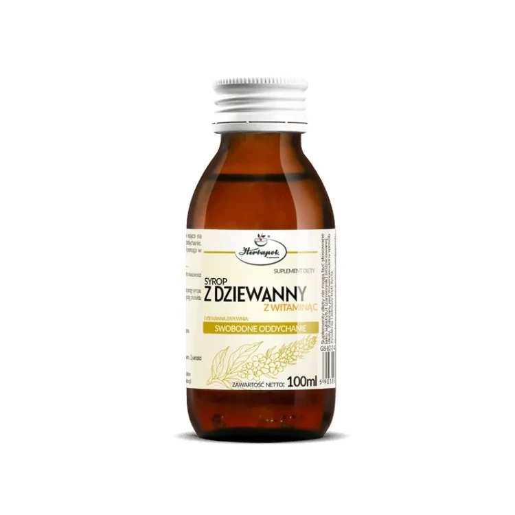 Butelka z ciemnego szkła z syropem z dziewanny Herbapol 100 ml – naturalne wsparcie dla gardła i odporności, zawiera ekstrakt z dziewanny i witaminę C.