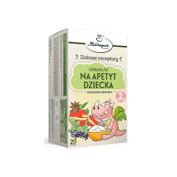 Opakowanie herbatki na apetyt dziecka Herbapol – 20 saszetek owocowo-ziołowych wspierających trawienie i pobudzających apetyt u dzieci.
