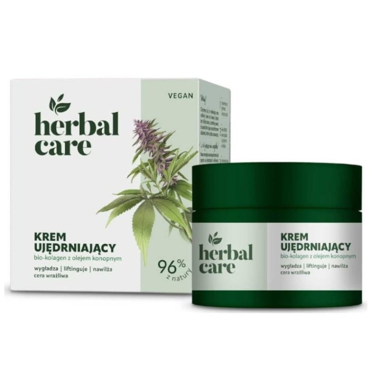 Szklany słoiczek kremu Herbal Care Farmona z bio-kolagenem i olejem konopnym – 50 ml, naturalna pielęgnacja dla jędrnej i promiennej skóry.