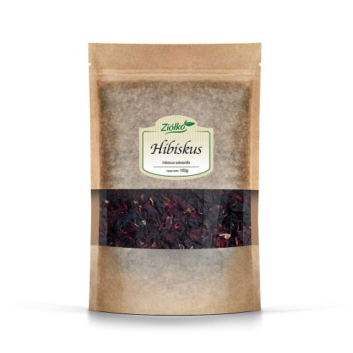 Papierowe opakowanie suszonego kwiatu hibiskusa Ziółko 150 g – intensywnie czerwony susz do naparów, wspierający krążenie i układ moczowy.