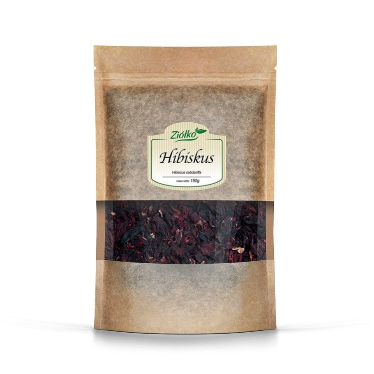 Papierowe opakowanie suszonego kwiatu hibiskusa Ziółko 150 g – intensywnie czerwony susz do naparów, wspierający krążenie i układ moczowy.