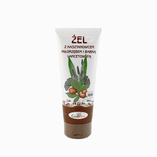 Tuba 200 ml żelu Gorvita z ekstraktami kasztanowca, miłorzębu i babki lancetowatej, wspierającego mikrokrążenie, redukującego uczucie ciężkości nóg oraz łagodzącego  i uelastyczniającego skórę.
