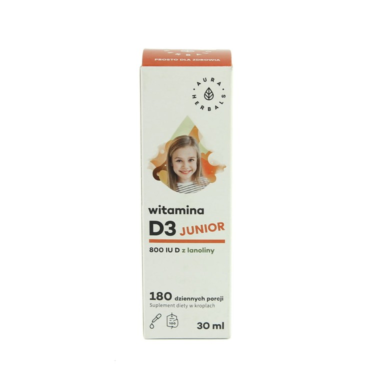 Butelka Aura Herbals Witamina D3 Junior 30 ml z zakraplaczem – naturalna witamina D3 (800 UI) w kroplach dla dzieci 4-12 lat, wspiera zdrowie kości, zębów i odporność, 200% dziennego zapotrzebowania w porcji.