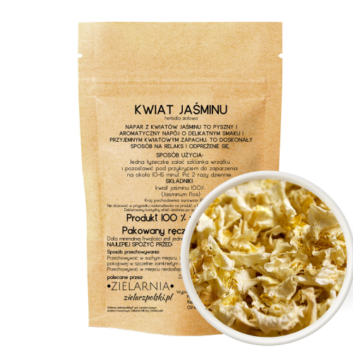 Opakowanie suszonych kwiatów jaśminu od Zielarza Polskiego – naturalna herbata ziołowa 50 g, pokazujące etykietę z opisem i zbliżenie na jasne, suszone płatki jaśminu.