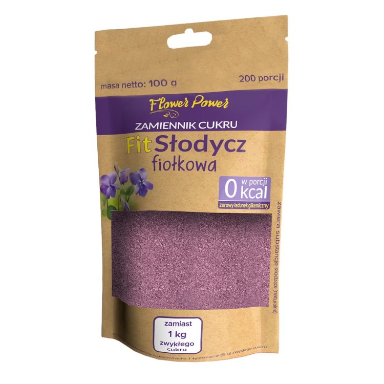 Opakowanie Fit cukier fiołkowy – naturalny słodzik z fiołkiem i erytrytolem, 100 g, bez cukru