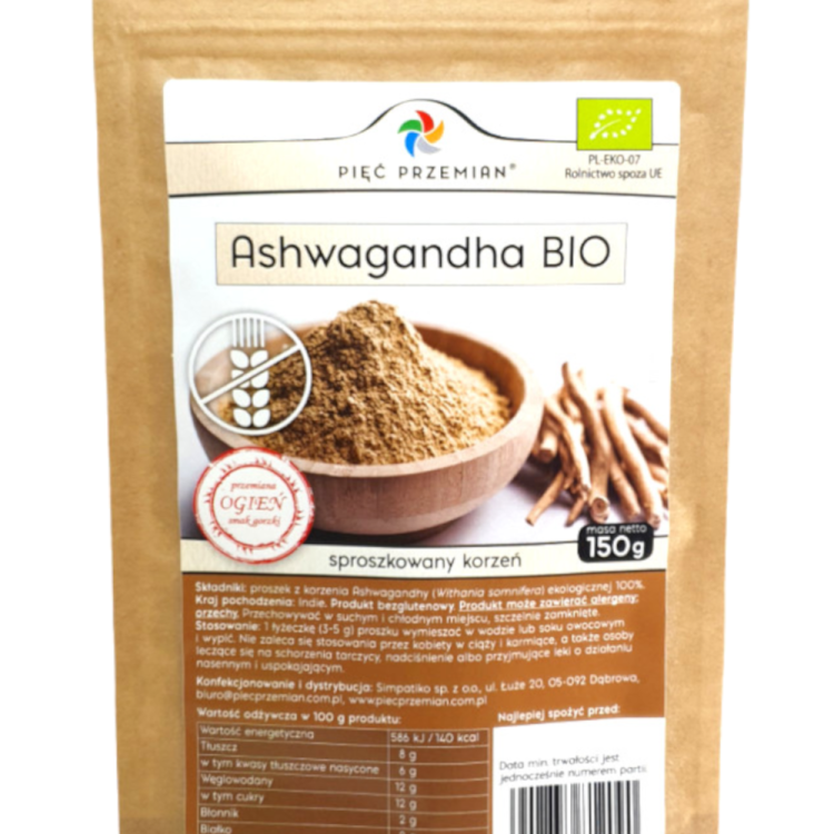 Papierowe opakowanie Ashwagandha BIO 150 g – sproszkowany korzeń ekologiczny bez glutenu
