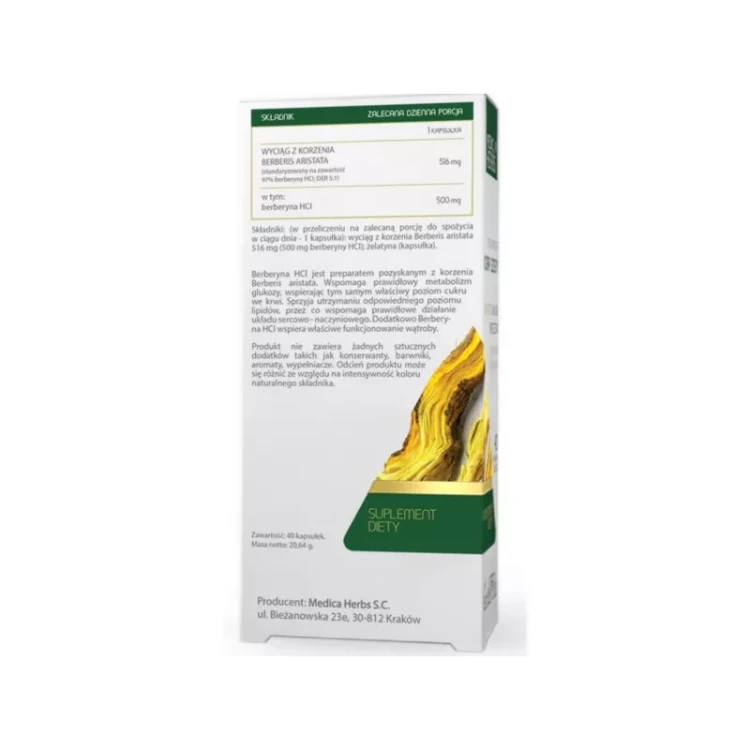 Opakowanie Berberyna HCL 500 mg Medica Herbs – suplement diety 40 kapsułek