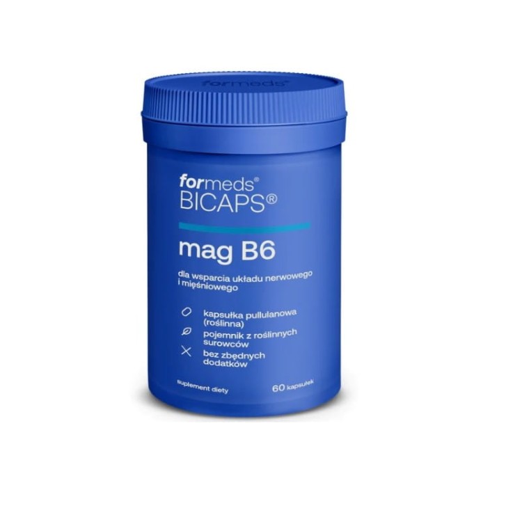 Opakowanie suplementu diety FOREDS Magnez + Witamina B6 – 60 kapsułek z cytrynianem magnezu i aktywną formą witaminy B6 P-5-P. Magnez wspomaga działanie układu nerwowego i mięśniowego