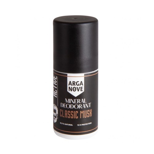 Dezodorant mineralny roll-on Classic Musk – Arganove, 50 ml. Naturalny dezodorant z ałunem, olejem arganowym i zapachem piżma.
