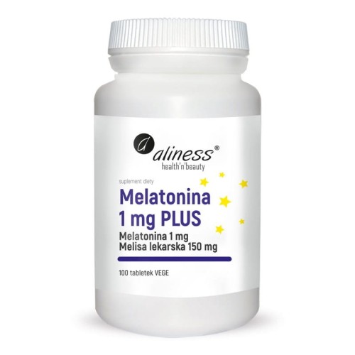 Opakowanie suplementu diety Melatonina 1 mg Plus – Aliness. 1 mg melatoniny i ekstrakt z melisy lekarskiej w 100% wegańskiej formule.  Pomaga w zasypianiu oraz zmniejsza subiektywne odczucie związane ze zmianą strefy czasowe