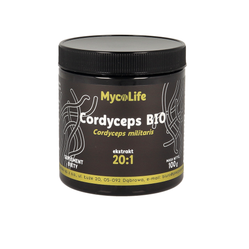 Opakowanie Cordyceps BIO MycoLife 100 g – ekstrakt z grzyba Cordyceps militaris. Wspierający naturalną witalność i odporność organizmu