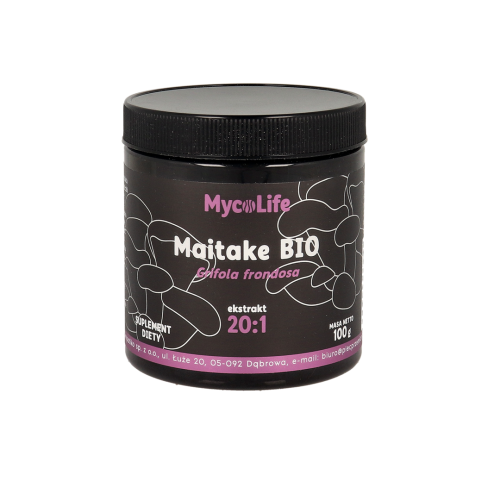 Opakowanie Maitake BIO 100 g – ekstrakt z grzyba Grifola frondosa marki MycoLife. Symbolizuje witalność i długowieczność