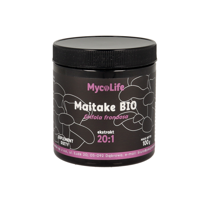Opakowanie Maitake BIO 100 g – ekstrakt z grzyba Grifola frondosa marki MycoLife. Symbolizuje witalność i długowieczność