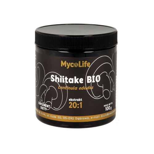 Opakowanie Shiitake BIO 100 g (twardziak jadalny)– ekstrakt z twardziaka jadalnego marki MycoLife.  Naturalne wsparcie odporności, energii i dobrej kondycji organizmu.