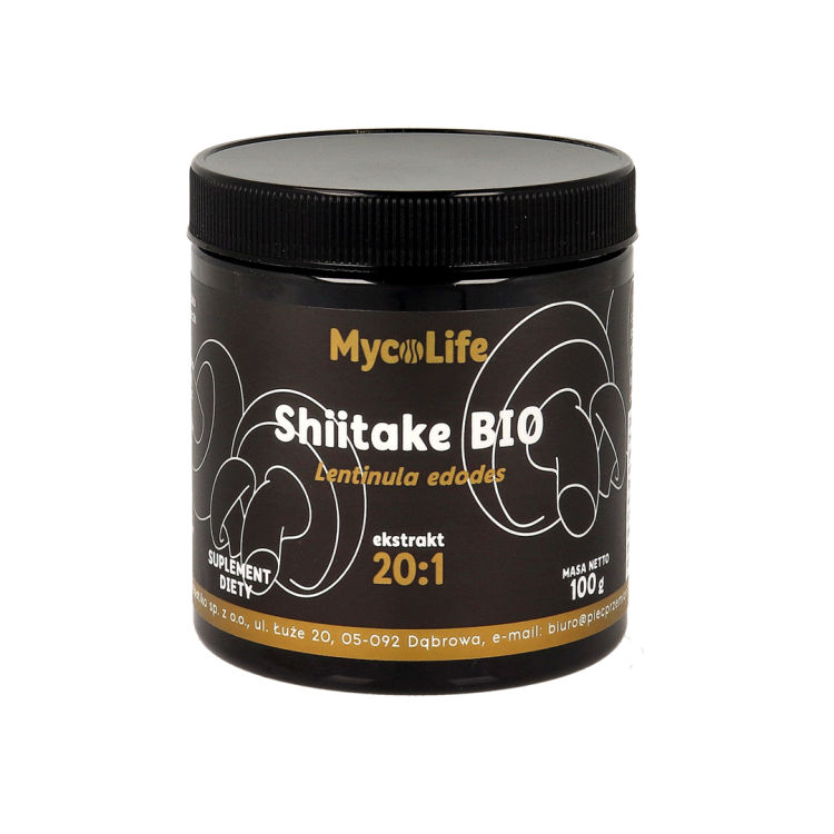 Opakowanie Shiitake BIO 100 g (twardziak jadalny)– ekstrakt z twardziaka jadalnego marki MycoLife.  Naturalne wsparcie odporności, energii i dobrej kondycji organizmu.