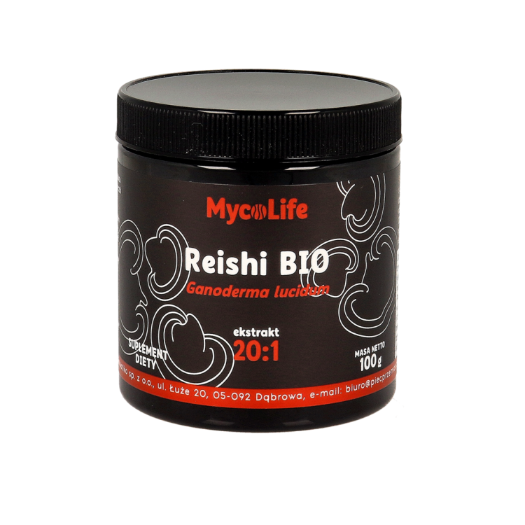 Opakowanie Reishi BIO 100 g – ekstrakt z grzybów Ganoderma lucidum marki MycoLife. Naturalne wsparcie dla odporności, regeneracji i równowagi organizmu.