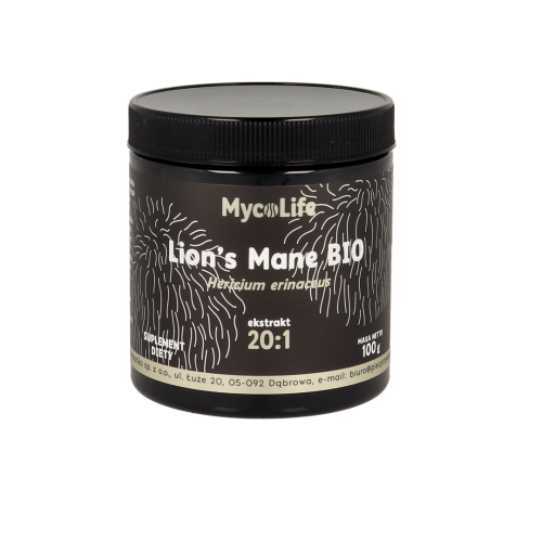 Opakowanie Lion’s Mane BIO 100 g – ekstrakt z soplówki jeżowatej MycoLife. Wsparcie pracy mózgu.