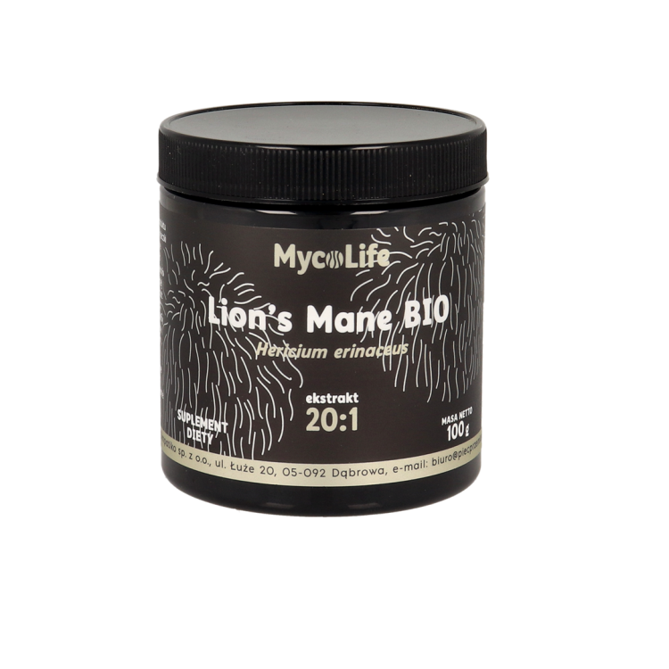 Opakowanie Lion’s Mane BIO 100 g – ekstrakt z soplówki jeżowatej MycoLife. Wsparcie pracy mózgu.