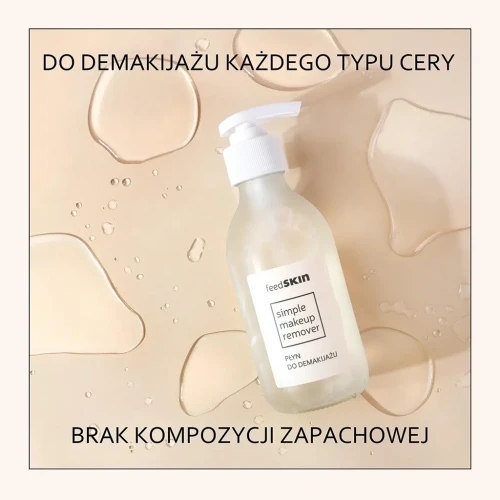 Szklana butelka z dozownikiem płynu micelarnego Simple Makeup Remover Feedskin – łagodny demakijaż cery wrażliwej, bezzapachowy