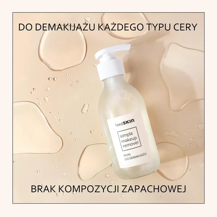 Szklana butelka z dozownikiem płynu micelarnego Simple Makeup Remover Feedskin – łagodny demakijaż cery wrażliwej, bezzapachowy