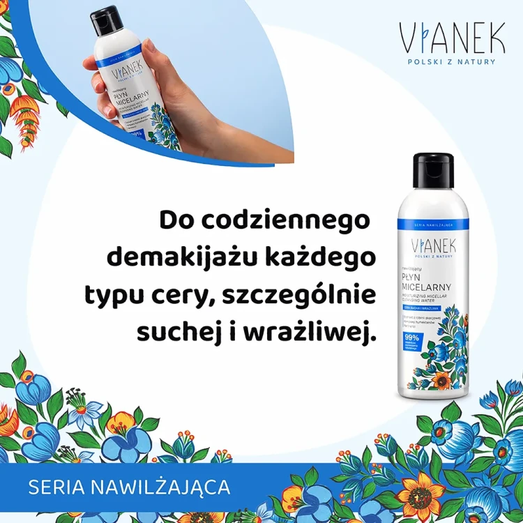 Butelka nawilżającego płynu micelarnego Vianek do skóry suchej i wrażliwej – kosmetyk naturalny z mocznikiem i kwasem hialuronowym