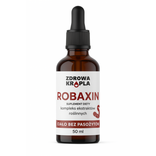 Butelka  ciemnego szkła z zakraplaczem z preparatem ROBAXIN Kompleks ziołowy 50 ml – naturalny ekstrakt z czarnego orzecha, piołunu i tymianku marki Zdrowa Kropla
