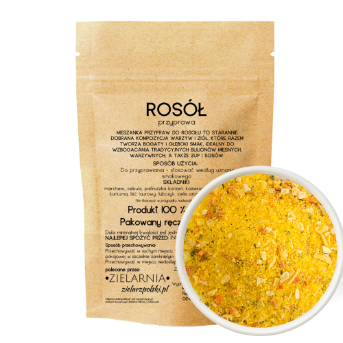 Naturalna przyprawa do rosołu bez soli 50 g Persea – ręcznie pakowana mieszanka warzyw i ziół w papierowym opakowaniu.