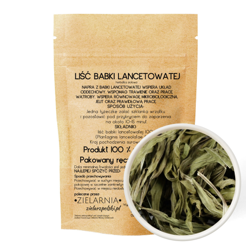Opakowanie papierowe Liść babki lancetowatej cięty – 50 g susz w opakowaniu doypack marki Persea, wsparcie gardła