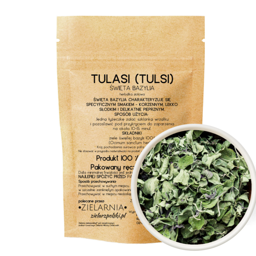 Opakowanie ziela tulsi (świętej bazylii) 50 g marki ZielarzPolski.pl – naturalne zioło w strunowym opakowaniu, wsparcie trawienia, wyciszenia
