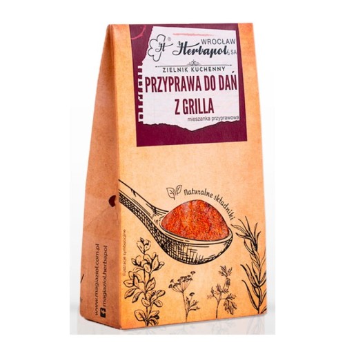 Opakowanie Herbapol Ziołowa Przyprawa do dań z grilla 60 g – naturalna ziołowa mieszanka przypraw do mięsa i warzyw na grilla