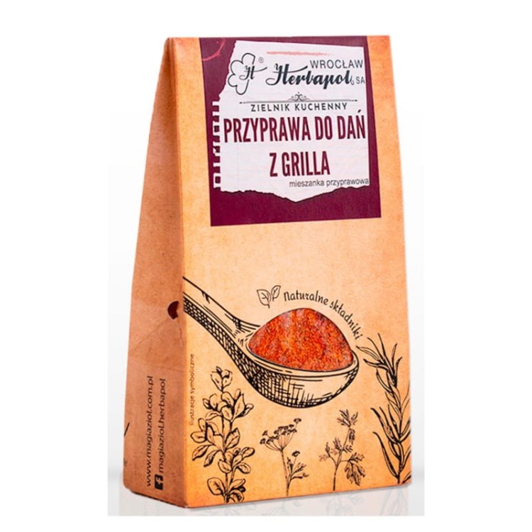 Opakowanie Herbapol Ziołowa Przyprawa do dań z grilla 60 g – naturalna ziołowa mieszanka przypraw do mięsa i warzyw na grilla