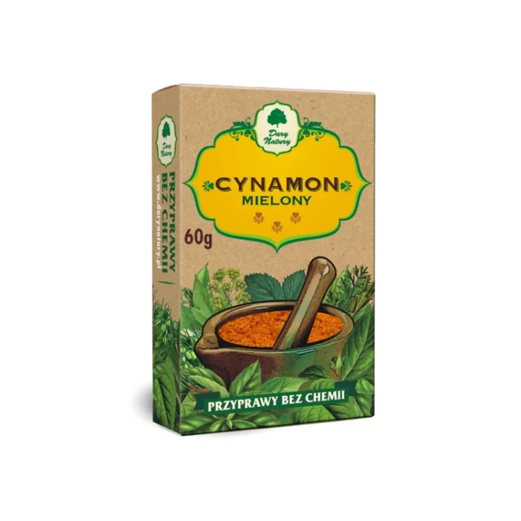 Cynamon mielony Dary Natury 60 g w papierowym opakowaniu – przyprawa korzenna o naturalnym pochodzeniu. Pomocna w trawieniu, rozgrzewająca.