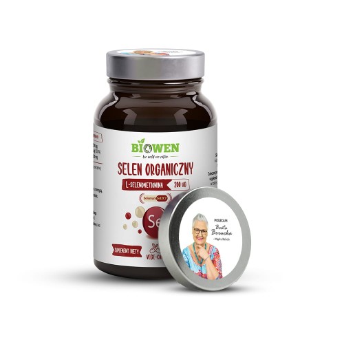 Selen organiczny Biowen – suplement diety 100 kapsułek, l-selenometionina, odpowiedni dla wegan i osób z nietolerancją laktozy, opakowanie z białą etykietą i srebrną nakrętką. Wsparcie zdrowego organizmu, włosów, skóry i paznokci.