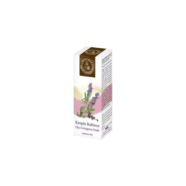 Opakowanie kropli Kobiece Ojca Grzegorza 100 ml Bonimed, naturalny suplement diety z ziół w formie ekstraktu alkoholowego.