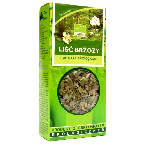 Brzoza liść BIO 50 g Dary Natury – ekologiczna herbatka z liści brzozy w opakowaniu z certyfikatem ekologicznym”, wspierająca układ moczowy i oczyszczanie organizmu.